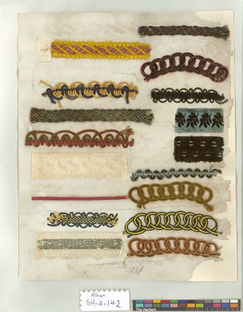 https://flic.kr/p/d4X5kU | The Herbert Silk Weaving Collection | Page from a ribbon sample book, dating from 1805 - 1811, maker unknown. 17 ribbon samples.    Coventry was the centre of silk ribbon weaving in England from around 1700 until the middle of the 20th century. For many years it was the main industry in Coventry, employing thousands of people.  The Herbert has a large and nationally important collection relating to ribbon weaving. The collection includes a jacquard loom, a hand loo... Silk Pictures, Ribbon Weaving, Ribbon Ideas, Jacquard Loom, Silk Weaving, Hand Looms, Ribbon Work, Silk Ribbon Embroidery, Living History