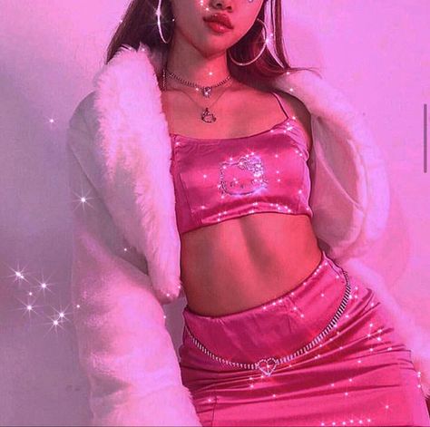 Faux Fur Shawl, Pink Tumblr Aesthetic, Cropped Coat, Spaghetti Strap Crop Top, Model Reference, Fur Shawl, Baddie Aesthetic, Pastel Pink Aesthetic, Pink Outfit