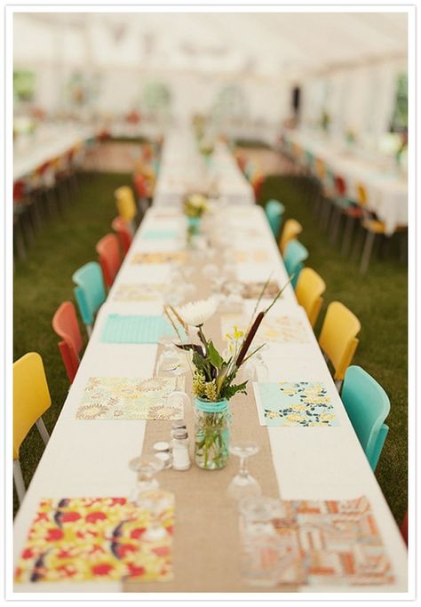 Favorite color combo... love the placemats too... Simple Table Settings, Burlap Wedding, Retro Chair, 100 Layer Cake, Retro Wedding, Wedding Planning Tips, Handmade Wedding, Small Wedding, Backyard Wedding