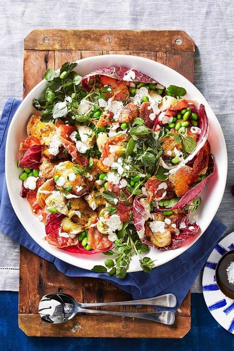 Drizzled with homemade lemon aioli, your potato salad never looked – or tasted – so good! Smashed Potato Salad, Salads Ideas, Lemon Aioli, Radicchio Salad, Potluck Dinner, Christmas Salads, Sides Recipes, Seasonal Salad, Festive Food