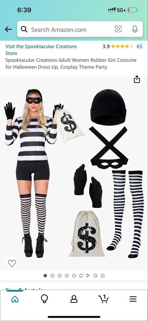 (Paid ad) #costume SUPER VALUE PACK. Our adult women burglar costume will make you an eye-catching one in the party. This robber costume for women includes one long sleeve striped T-shirt, one pair of black gloves, one black knitted hat, one dollar sign money bag, one black eye patch, and one pair of knee-long socks. This Halloween burglar costume will be one of the Halloween costumes everyone will be talking about at the Halloween party! PREMIUM QUALITY. Our women robber costume is made with p Robber Costumes For Women, Bank Robber Costume Women, Robbers Costume Womens, Hot Robber Halloween Costume, Bank Robbers Halloween Costume, Bank Robber Costume, Burglar Costume, Bandits Costume, Robber Costume