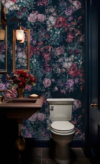 AllWallpaper - Etsy Dark Purple Wallpaper Bathroom, Dark Floral Wallpaper Bathroom, Dark Floral Wallpaper Bedroom, Powder Room Wallpaper Accent Wall, Gothic Floral Wallpaper, Dark Roses Wallpaper, Victorian Style Wallpaper, Jordan Bedroom, Floral Bathroom Wallpaper