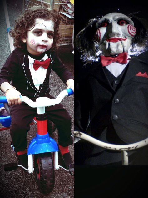 Halloween costume.#jigsaw #toddler #costume #dressup #saw film #halloween Toddler Saw Costume, Twins Second Birthday Ideas, Halloween Toddler Costumes, Saw Costume, Jigsaw Costume, Jigsaw Halloween, Halloween Costumes Boys, Saw Film, Horror Halloween Costumes