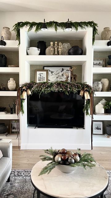 Christmas Decor For Entertainment Center Shelves, Tv Stand Christmas Decor Garland, Christmas Fireplace Garland Target, Simple Declrations Christmas Mantel Eith Tv, Christmas Fire Place No Mantel, Faux Mantle, Fireplace Shelves, Neutral Christmas Decor, Christmas Mantle Decor