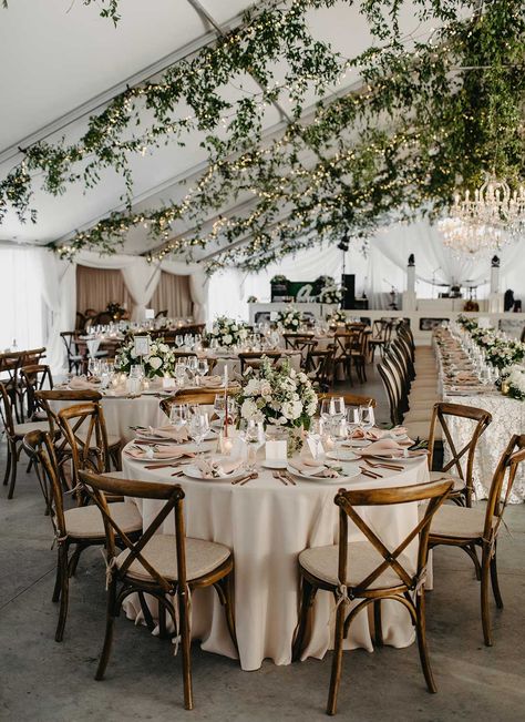 Neutral Wedding Ideas, Champagne Wedding Themes, Neutral Wedding Decor, Wedding Reception Chairs, Hanging Greenery, Wedding Table Setup, Tent Wedding Reception, Summer Wedding Ceremony, Neutral Wedding Colors