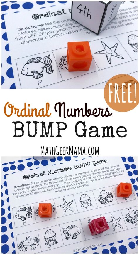 Ordinal Numbers Game! A fun math activity for first grade kids during math centers! #mathcenters #firstgrade Ordinal Numbers Activities Kindergarten, Ordinal Numbers Kindergarten, Number Games Kindergarten, Easy Math Games, Number Worksheets Kindergarten, Numeracy Activities, Free Math Resources, Ordinal Numbers, Free Printable Math Worksheets