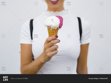 Woman's hand holding ice cream cone stock photo - OFFSET Hand Holding Food Reference, Holding Ice Cream Reference Drawing, Holding Ice Cream Reference, Hand Holding Ice Cream, Holding Ice Cream, Hand Held Food, Brain Freeze, Pose References, Snow Cones