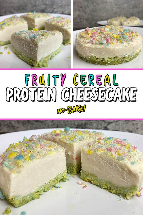 Fruity Pebbles Protein Powder Recipes, Macros Desserts, Fruity Pepples, Protein Mix Recipes, Fruity Pebble Cheesecake, Macro Desserts, Fruity Pebbles Treats, High Protein Cheesecake, High Protein Dessert