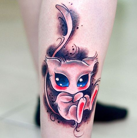 MewTattoo Mew Tattoo, Mew Two, Realistic Pokemon, Pikachu Tattoo, Video Game Tattoo, Pokemon Sketch, Pokemon Tattoo, New School Tattoo, Fashion Guide