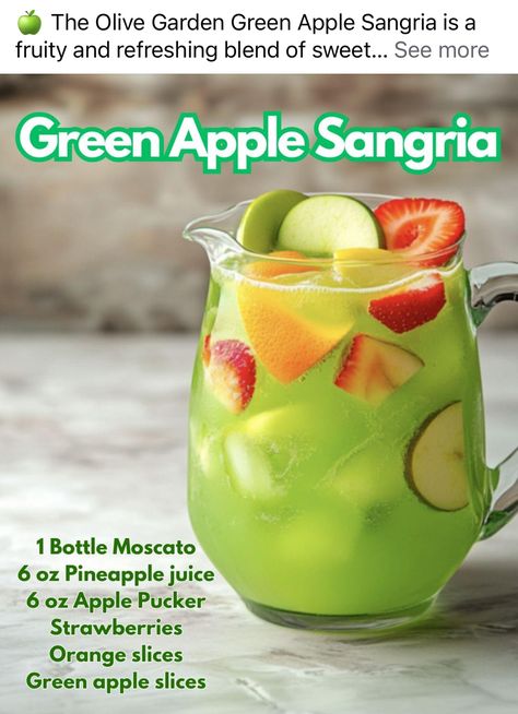 Apple Moscato Sangria, Olive Garden Sangria, Green Apple Sangria, Green Apple Moscato Sangria, Apple Sangria Recipes, Moscato Sangria, Pumpkin Reading, Apple Schnapps, Apple Pucker