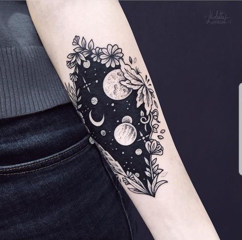 forearm-floral-framed-tattoo-galaxy-tattoo-small-planets-stars-moon-black-background Moon Phases Tattoo Cover Up, Cover Up Tattoos Black Ink, Mushroom Cover Up Tattoo, Witch Tattoo Cover Up, Cover Up Star Tattoo Ideas, Cover Up Tattoos For Women Leg, Celestial Tattoo Cover Up, Witchy Cover Up Tattoos, Celestial Flower Tattoo