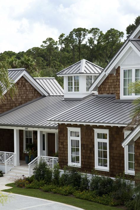 LM:  Do we need a square cupola?  Maybe we need a little more tin roof. Tin Roof House, Black Metal Roof, Metal Roof Houses, Shingle House, House Exterior Modern, Standing Seam Metal Roof, Fibreglass Roof, Beach House Exterior, Shingle Siding