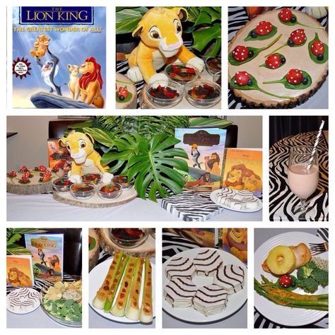 Disney Dinner and a Movie Night The Lion King Party. We had Mufasa's Circle of Life chicken with pineapple, Zazu's jungle vines (asparagus), Rafiki's Tree of Life (broccoli), Timon and Pumbaa's ladybug grub on a spinach leaf and Pride Land's rain water or muddy watering hole (chocolate milk) to drink. For dessert we had Timon and Pumbaa's dirt pudding with worms or Nala's zebra cake. Snack during the movie was ants on a log (celery, peanut butter and raisins) and Simba's Kingdom animal crackers.