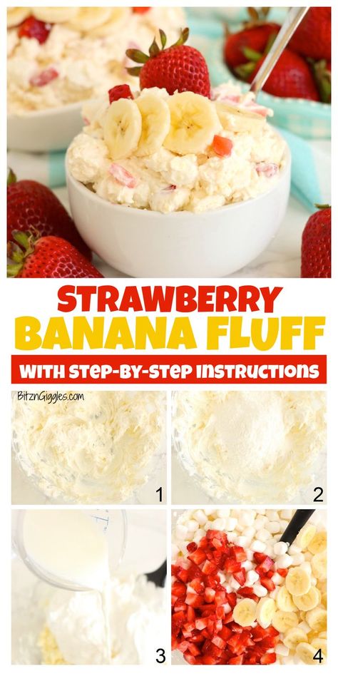 This Strawberry Banana Fluff Salad combines juicy strawberries and fresh bananas with a light, creamy blend of sweet banana pudding, whipped topping, cream cheese, and mini marshmallows for a delightful summer side dish or dessert. Strawberry Banana Fluff Salad, Banana Fluff Salad, Banana Fluff, Marshmallow Salad, Marshmallow Fluff Recipes, Fluff Salad Recipes, Banana Cream Pudding, Fluff Salad, Fluff Recipe