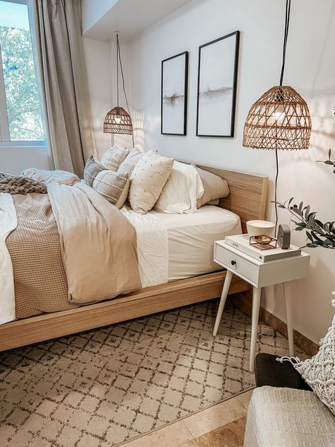 Affordable rattan pendant lights in neutral bedroom White And Brown Bedroom, Tan Bedroom, Cream And White Bedroom, Beige Bedroom Decor, Neutral Bedroom Decor, Brown Rooms, Warm Bedroom, Neutral Bedrooms, Calming Bedroom