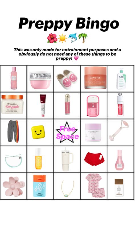 Preppy Bingo! #preppy #skincare #blowup #pjs #lululemon #wishlist Preppy Bingo, Preppy Skincare, Tree Hut, Free Space, Bingo