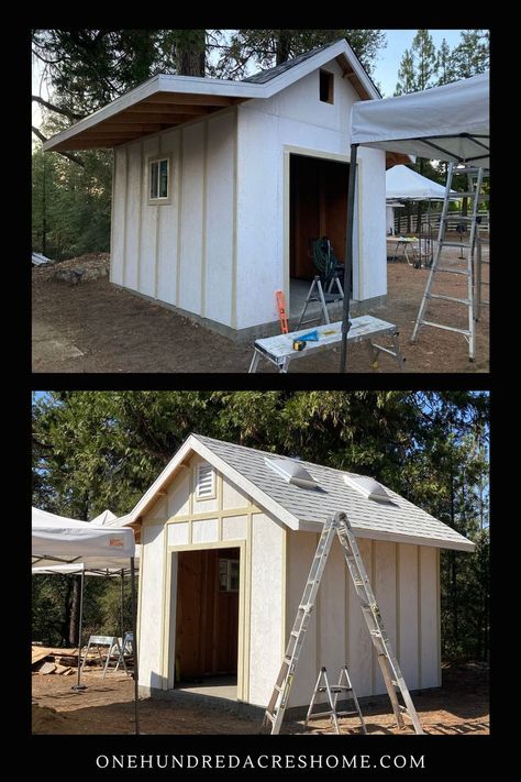 DIY Board and batten siding for your shed. Easy way to create a cute farmhouse board and batten look on a shed. Board And Batten Shed, Farmhouse Board And Batten, She Shed Exterior, Diy She Shed, Shaker Siding, Scissor Truss, Cottage Garden Sheds, Diy Board And Batten, Well House