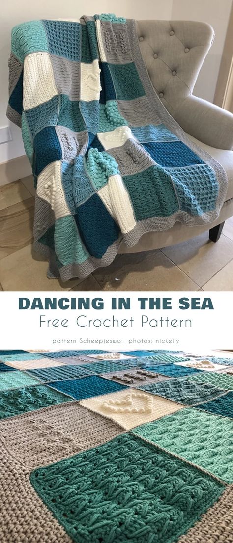 Deep in the Ocean Blue, Ocean Themed Crochet Patterns Aqua Crochet Blanket, Water Crochet Blanket, Turquoise Crochet Blanket Color Schemes, Ocean Blanket Crochet, Ocean Themed Crochet Blanket, Ocean Knitting Patterns, Blue And Grey Crochet Blanket, Beachy Crochet Blanket, Coastal Crochet Patterns