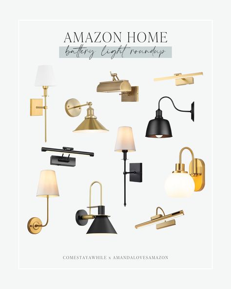 Battery operated light fixtures. Battery operated wall sconces. Battery operated picture lights. Wireless light fixtures. Hallway lighting. Bedroom lighting. Kitchen lighting. Easy ways to add light fixtures to your home. Follow Comestayawhile for authentic, realistic DIY from a self taught mom working hard to upgrade her neutral modern farmhouse home on a budget. Follow Amandalovesamazon for all the best deals on neutral home decor, trending fashion finds, and budget friendly beauty items. Light Fixtures Hallway, Light Fixtures Amazon, Battery Operated Wall Sconces, Mom Working, Wireless Light, Casual Mom Style, Wireless Lights, Picture Lights, Lighting Bedroom