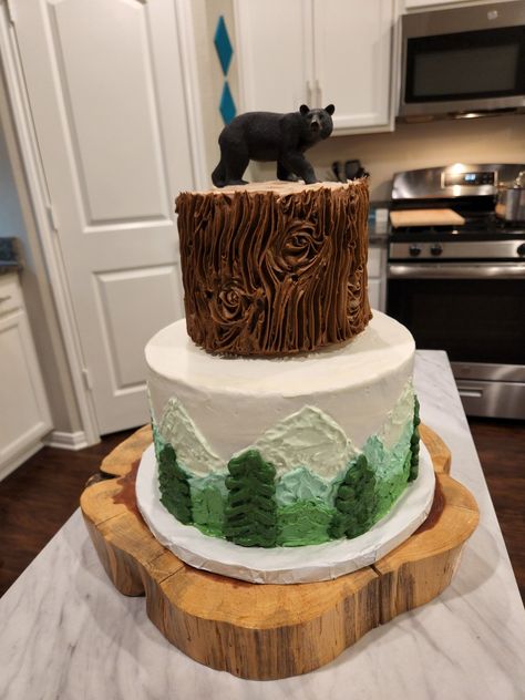 Bear Hunt Cake, Grizzly Bear Cake, Cake With Bear, Bear Cake Ideas, Bear Themed Cake, 60th Cake, Plaid Cake, Mountain Cake, Bear Baby Shower Cake