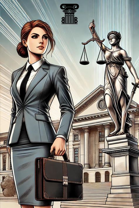 Illustration of a confident female lawyer holding a briefcase in front of a courthouse, with Lady Justice in the background, symbolizing strength, professionalism, and the pursuit of justice. Core Workout Routine, Grey Pants Outfit, Law School Inspiration, All Eyez On Me, Equal Pay, Jobs For Women, Women's Rights, School Inspiration, Women’s Rights