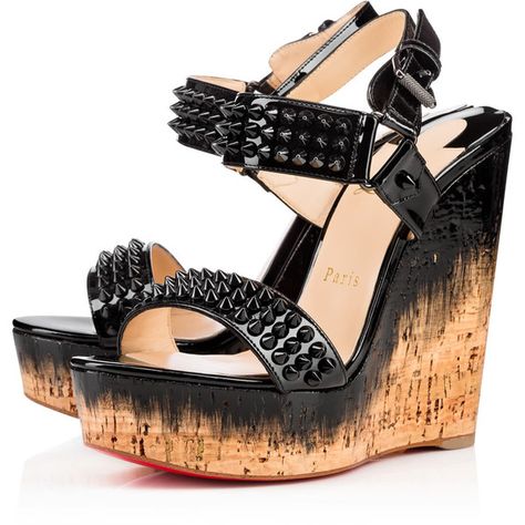 Christian Louboutin Barboullaga ($895) ❤ liked on Polyvore featuring shoes, christian louboutin, louboutin, black, black shoes, black patent leather shoes, black polishable shoes, spiked high heel shoes and cork wedge shoes Louboutin Lipstick, Christian Louboutin Heels Outfit, Louboutin Wedges, Mira Duma, Christian Louboutin Outfits, Louboutin Online, Pretty Heels, Black Patent Leather Shoes, Cork Sandals