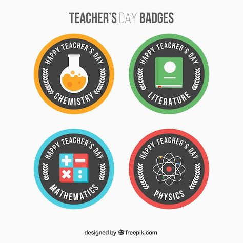 Pack of round teacher's day badges | Free Vector #Freepik #freevector #book-label #physics-science #round-label #round-badge Badges Ideas, Happy Teachers Day, Teachers Day, Video New, Vector Photo, Chemistry, Graphic Resources, Physics, Literature