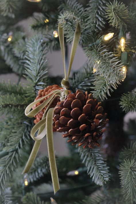 Christmas Tree Pinecones Decorations, Christmas Tree Green Ribbon, Cotswold Christmas Decor, Brown Velvet Christmas, Christmas Tree Natural Decor, Rustic Xmas Decorations, Christmas Woodsy Decor, Christmas Tree Natural Decorations, Velvet Christmas Tree Decorations