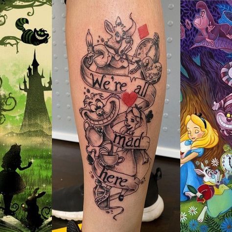 Simple Alice In Wonderland Tattoo Quotes, Disney Leg Sleeve Tattoo Black And White, Alice In Wonderland Thigh Tattoo, Disney Characters Tattoos Sleeve, Alice In Wonderland Tattoo Sleeve Ideas, Alive In Wonderland Tattoos, Alice In Wonderland Sleeve Tattoo, Tattoos Cartoon, Alice In Wonderland Tattoo Ideas