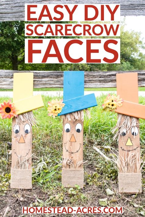 Wooden Scarecrow Ideas, Easy Diy Scarecrow, Faces To Paint, Scarecrow Faces, Wooden Scarecrow, Wood Scarecrow, Scarecrow Ideas, Scarecrow Decorations, Fall Pallets