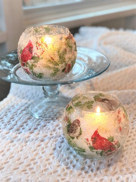 Christmas Votive Holders Diy, Christmas Votives Ideas, Modge Podge Glass, Diy Decoupage Christmas Ornaments, Votive Holders Diy, Decoupage Candle Holder, Frosted Candle Jar, Votive Centerpieces, Bottle Decoupage