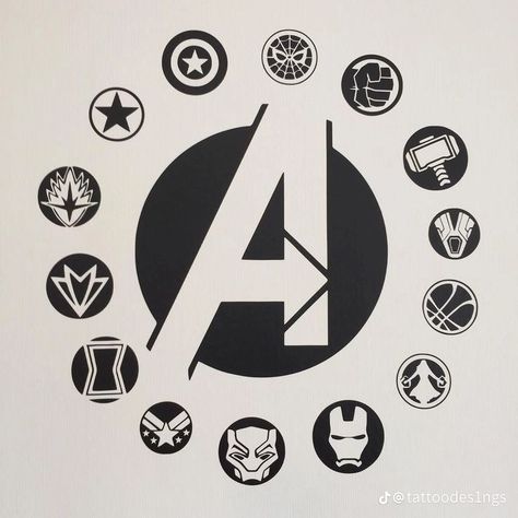 Avengers Logos Symbols, Marvel Ideas, Avengers Wall Art, Pop Culture Tattoos, Marvel Design, Avengers Tattoo, Culture Tattoos, Avengers Drawings, Marvel Paintings