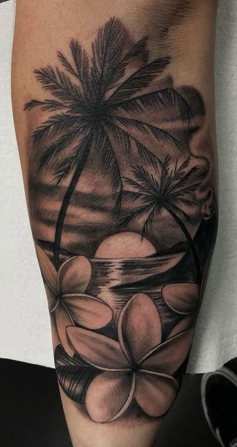 Hawaiian Flower Tattoos Sleeve Hawaii, Beach Tattoo Shoulder, Island Sleeve Tattoo, Hawaiian Beach Tattoo, Hibiscus Beach Tattoo, Plumeria Flower Tattoos Hawaii, Black And White Plumeria Tattoo, Tropical Half Sleeve Tattoos For Women, Hawaiian Tattoos For Women Flowers