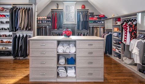 Diy Closet Island, Closet Island Ideas, Closet Islands, Slanted Ceiling Closet, Closet Conversion, Adjustable Closet System, Transitional Closet, Diy Custom Closet, Eaves Storage