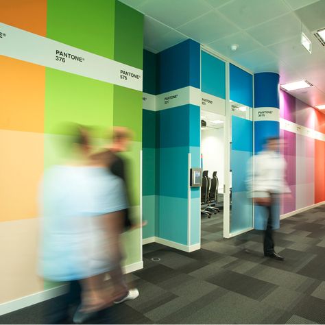 pantone stripes Crystal Palace London, Pantone Wall, Green Pantone, Office Graphics, Office Mural, Feature Wall Design, Office Signage, Colour Architecture, Palace London