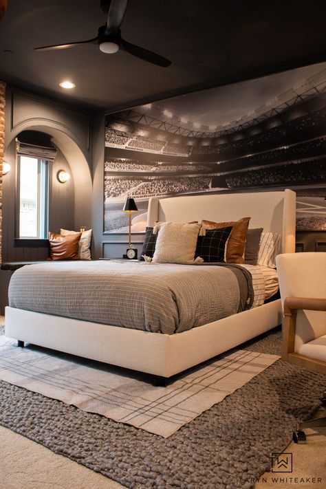 Boys Sports Bedroom Reveal - Taryn Whiteaker Designs Sherwin Williams Web Gray, Brick Wall Industrial, Boys Sports Bedroom, Boys Baseball Bedroom, Boys Bedroom Light, Modern Boys Rooms, Neutral Bedroom Furniture, Boy Sports Bedroom, Sports Bedroom