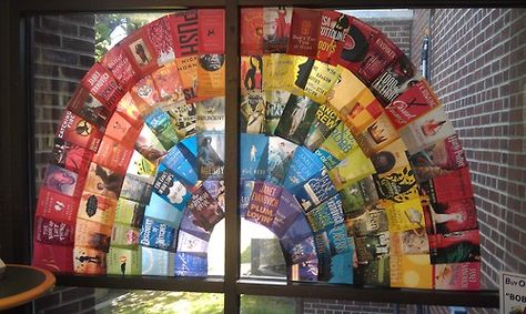 Rainbow book  covers. cool window display and great advertising for the books you want to promote! Pride Display, Library Window, School Library Bulletin Boards, Library Decorations, Classroom Designs, Reading Display, School Library Displays, Teen Library, March Book