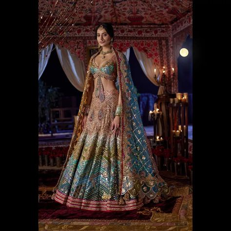 Rimple & Harpreet Narula on Instagram: “Mehtab~ A multi hued silk lehenga. The skirt is crafted with marodi ka kaam, multi-hued appliqué and sucha gota textures that are derived…” Rimple Harpreet Narula, Bridal Lenghas, Rimple Harpreet, Rimple And Harpreet Narula, India Clothes, Indian Bridal Lehenga, Indian Couture, Silk Lehenga, Bridal Lehenga