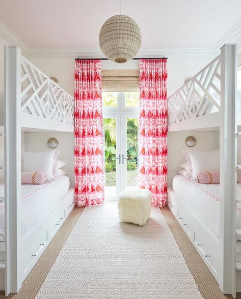 Kara Miller on Instagram: “A bunk room made for fun! 👧🏼 #karahebertinteriors 📸: @brantleyphoto” Patterned Drapes, Preppy House, White Bunk Beds, Interior Design Career, Bunk Rooms, Bunk Bed Designs, Bedding Inspiration, Bamboo Blinds, Girls Rooms