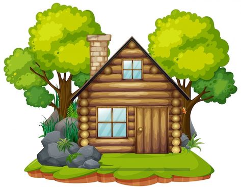 Isolated Cabin, Cute Small Houses, Wooden Hut, Hut House, Wood Illustration, Cartoon Trees, House Cartoon, Sky Art Painting, Wooden Cottage