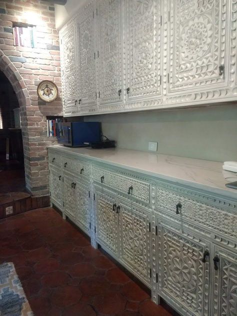 Carved Kitchen Cabinets, Refacing Cabinets, Santa Barbara, CA Santa Fe, NM Kitchen Cabinets Refacing, Refacing Cabinets, Mexican Kitchen Style, Mexican Style Kitchens, Moroccan Kitchen, Spanish Furniture, Marble Counters, Kitchen Cabinet Trends, Refacing Kitchen Cabinets