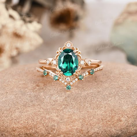 Unique emerald engagement ring set Rose gold Halo emerald wedding rings Vintage Milgrain bezel moissanite ring Bridal Anniversary ring set Vintage Rings Emerald, Ruby And Emerald Ring, Emerald Engagement Ring Green, Emerald Engagement Ring Set, Anniversary Ring Set, Rose Gold Halo, Emerald Wedding Rings, Gold Halo, Dream Engagement Rings