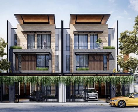 Modern Townhouse Facade, Tropical Townhouse, Duplex Decorating, Duplex Villa, Contemporary Townhouse, Lattice Panels, Double House, Building Design Plan, Townhouse Exterior