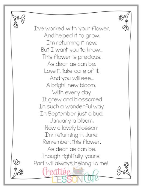 First Grade Gallery- Lessons for Little Learners: Saying Goodbye~End of the Year Poem for Parents Freebie! Preschool Graduation Speech, Poem For Parents, School Sayings, Teacher Letters, Poems For Students, Preschool Poems, Graduation Poems, Letter To Students, Teacher Poems