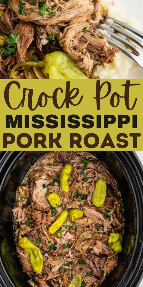 Easy Crock Pot Mississippi Pork Roast cooks with so much flavor in the crockpot for the perfect Sunday Night Meal. Simple ingredients makes a family favorite. Roast is a staple Sunday night meal. It is a great way to start the week as it is the ultimate comfort food. It is delicious served with your favorite vegetable and everyone looks forward to it every week. Mississippi Pot Roast Crockpot, Pot Roast Crockpot, Mississippi Pot Roast Recipe, Roast Crockpot, Slow Cooker Mississippi Pot Roast, Mississippi Roast Recipe, Instant Pot Mashed Potatoes, Slow Cooker Pot Roast Recipes, Pot Roast Crock Pot Recipes