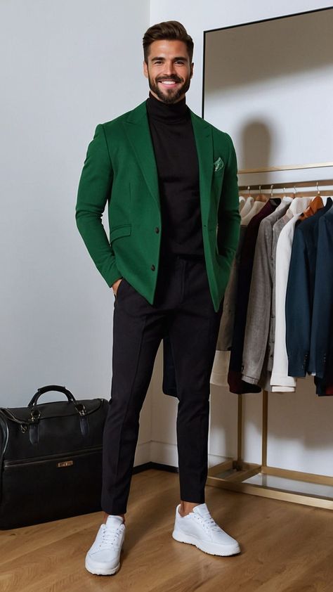 Discover the top men's clothing styles for autumn 2024 featuring a variety of casual outfits for men From casual to formal classic to wedding ceremony attire find the perfect black shirt and other stylish options Stay on-trend with these casual outfits for men in 2024 Mens Green Blazer Outfits, Green Blazer Black Pants Men, Holiday Outfits Men Christmas, Black Men’s Holiday Outfit, Green Black Outfit Men, Men Holiday Outfit Christmas, Formal Christmas Party Outfit Men, Mens Semi Formal Wear Wedding, Fall Cocktail Outfit