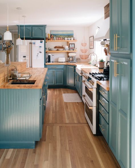 Butcherblock Countertops, Refinishing Hardwood Floors, White Backsplash, Blue Cabinets, Home Decor Kitchen, Dream Kitchen, Kirby, Kitchen Renovation, A Kitchen