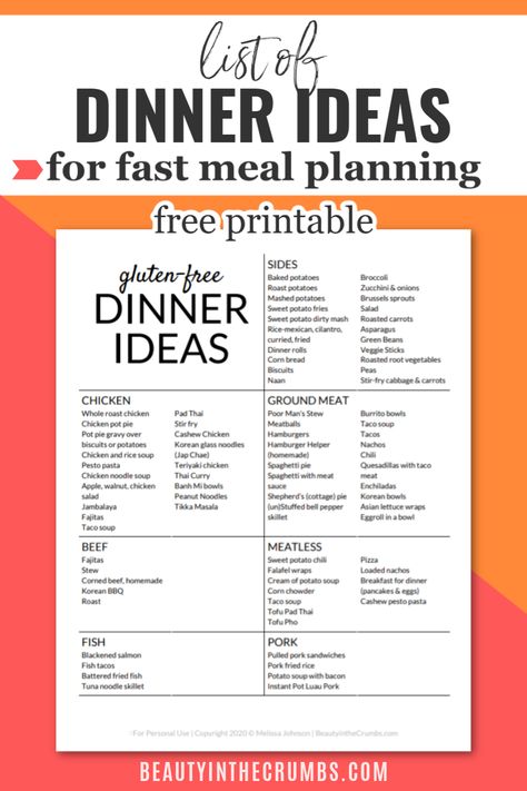 Meal Planning List Ideas, Meal Idea List Printable, Dinner Ideas List Free Printable, Gluten Free Monthly Meal Plan, Gluten Free Grocery List Meal Planning, Grocery List Ideas Menu Planning, Meal List Ideas Menu Planning, Meal Planning Dinner Ideas, Gluten Free Menu Plan