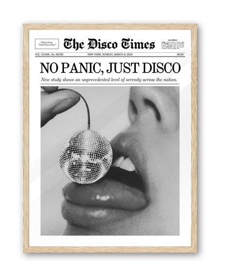 PRICES MAY VARY. NO PANIC JUST DISCO: Elevate your interior with the iHery Framed Trendy Disco NewsPaper Wall Art Prints. This 12x16-inch canvas art print comes elegantly framed in Beige Oak Wood, adding a touch of sophistication and disco-era nostalgia to your space. Cherry Disco Ball Headline: Immerse yourself in the glitz and glamour of the disco era with our captivating "Cherry Disco Ball Headline Poster New York News" design. This artwork captures the essence of disco nights, infusing your Cherry Disco Ball, Black And White Newspaper, Newspaper Wall Art, Cherry Disco, White Newspaper, No Panic, Magazine Cover Art, Newspaper Wall, Create A Magazine