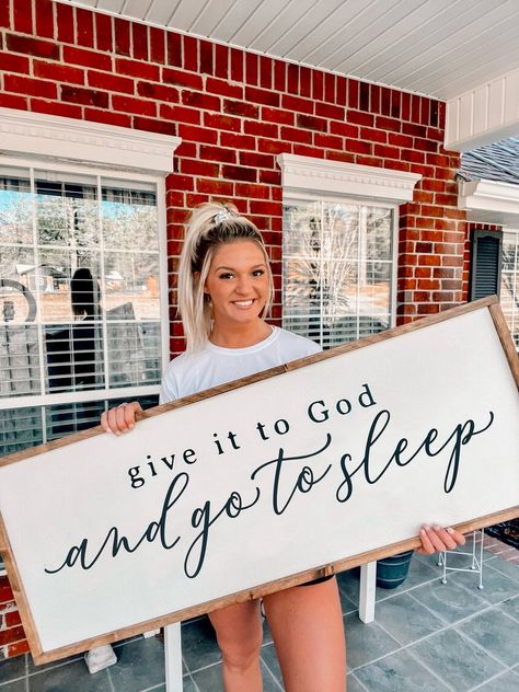 Give It to God and Go to Sleep Wooden Sign Over the Bed Sign Bedroom Decor - Etsy White Bedding Decor Ideas, Above Bed Decor Master, Guest Bedroom Wall Decor, White Bedrooms Ideas, Godly Home, Rustic Farmhouse Bedroom Ideas, Master Bedrooms Decor Cozy, Cozy Bedroom Decor Ideas, Hygge Inspiration